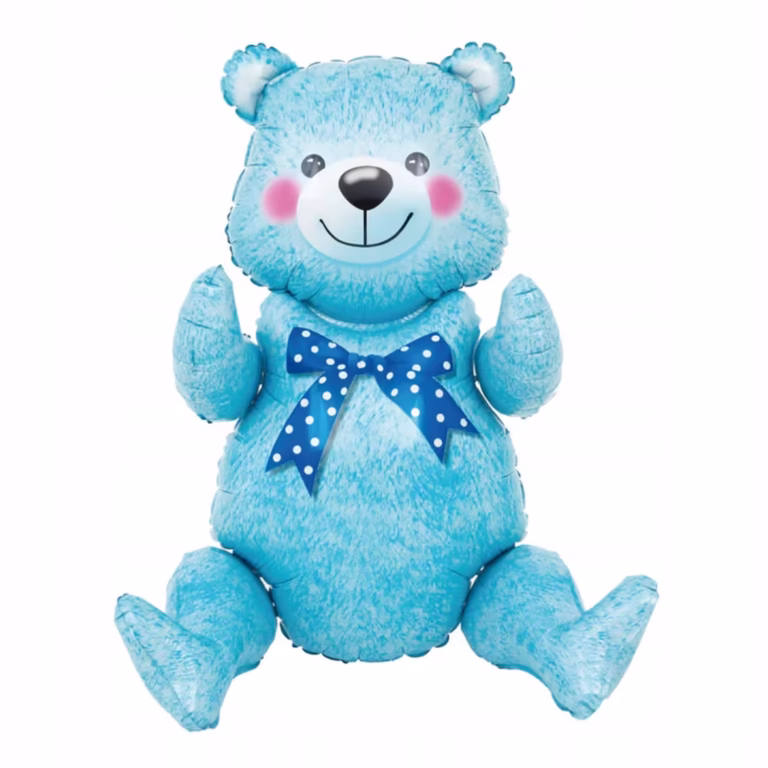 Balon din Folie Metalizata, Flippy, Figurina Animalute, Model Ursulet Asezat, Tematica Aniversare, 44×82.5 cm, Ambalaj Individual, Pai Inclus, Umflare cu Aer sau Heliu, Albastru