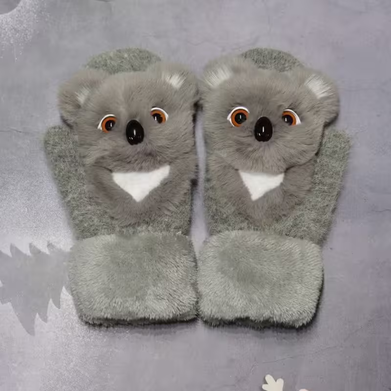 Manusi pentru Copii, Flippy, din Plus cu Umplutura de Bumbac, Protectie Termica, 24 x 20 x 3 cm, Model Koala 3D, Gri