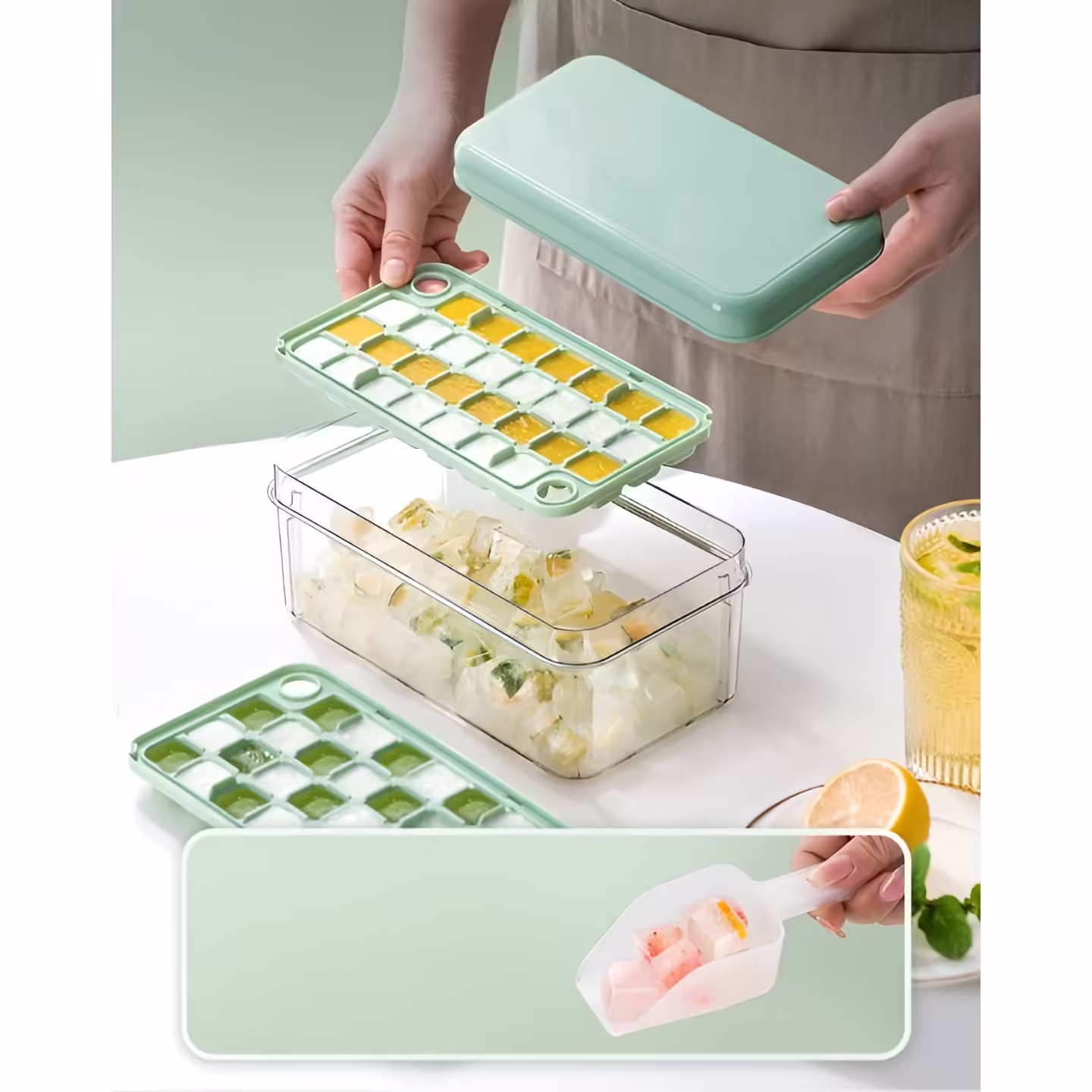 Set Cutie pentru Gheata, Flippy, Uz Casnic, Doua Tavite pentru Cuburi, Capac Etans, Lopata, 23.5×13.3×10 cm, Verde