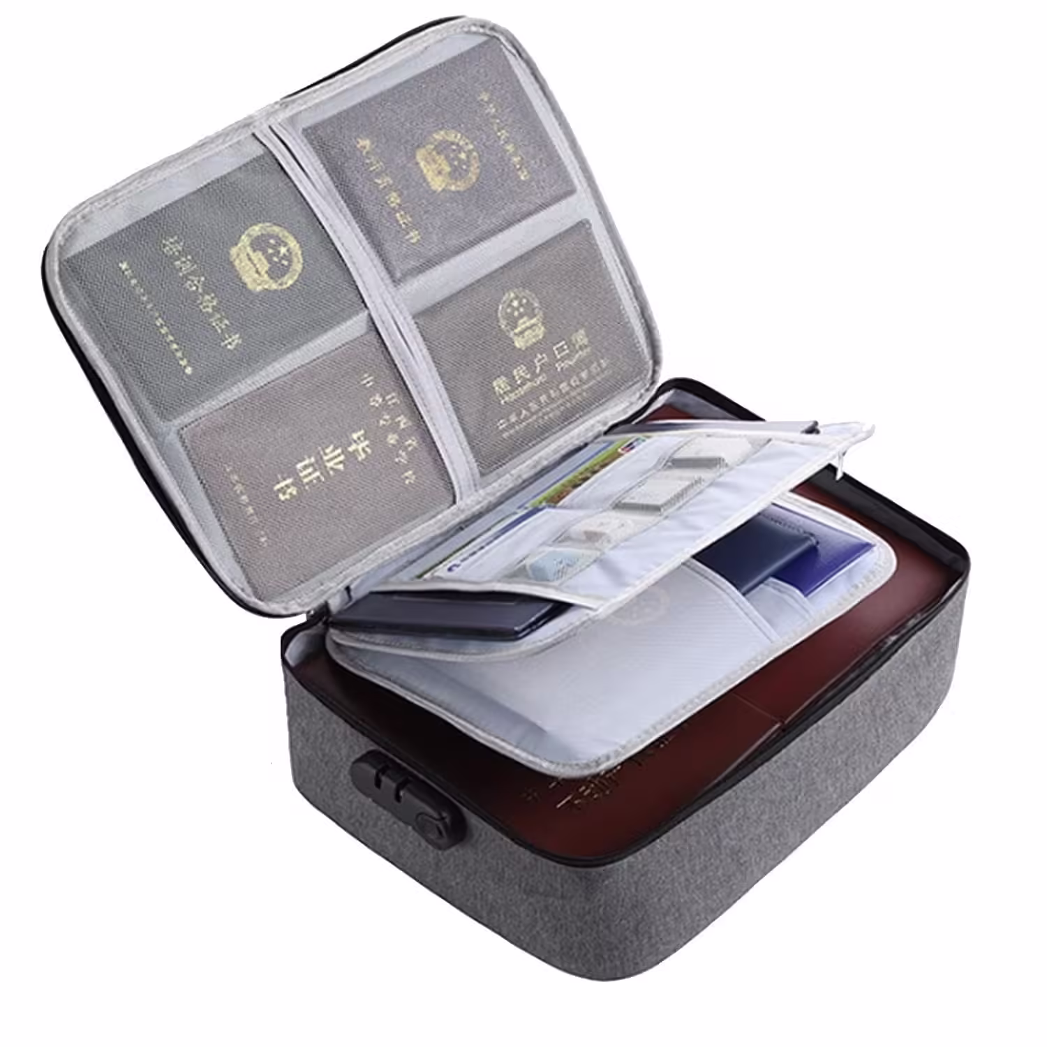 Geanta Flippy pentru Depozitare Acte si Documente, Facturi, Carduri, cu Cod de Securitate, 2 Compartimente, Impermeabila, 37 x 10.5 x 27 cm, Gri