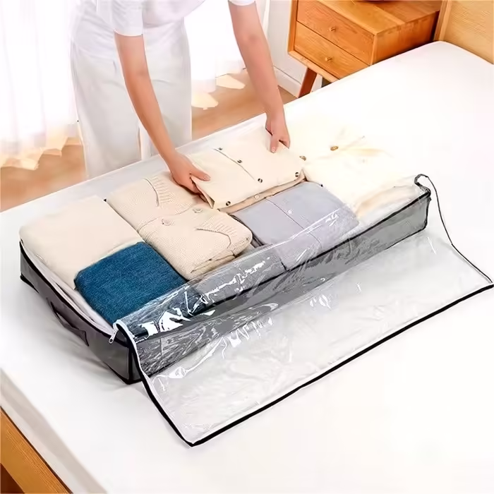 Husa de Depozitare, Flippy, Intrebuintare Multipla, Pliabila, cu Fermoar Bidirectional si Fereastra Deasupra Transparenta, Manere Laterale, Lavabila, 100x50x15 cm, Gri