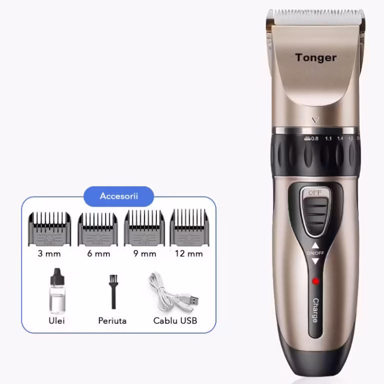 Masina De Tuns Bebelusi si Copii, Flippy, Lame Cermice si Inox, Fara Fir, Functie Anti Taiere, Silentios, 50 W, 4 Accesorii, Incarcator USB, Gold Negru