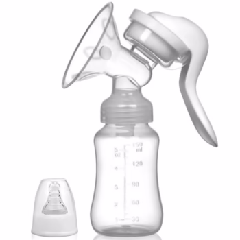Pompa de San Manuala Multifunctionala, Flippy, Portabila, cu Tetina pentru Biberon, Anti-Scurgere, Anti-Reflux, 18.5×6 cm, 150 mL, Silicon, Recipient Transparent, Alb