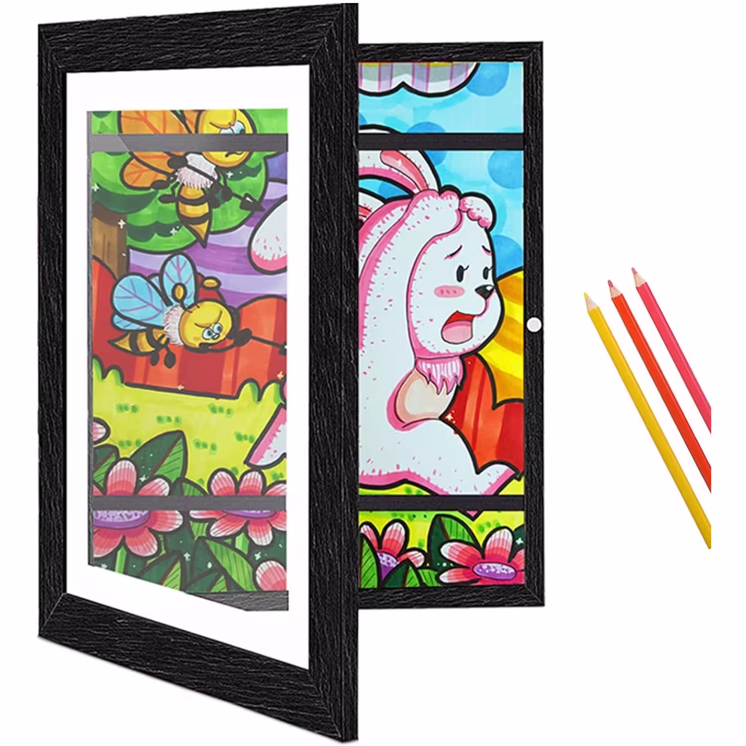 Rama Foto Flippy, din Lemn, cu Spatiu Pentru Depozitare, Pentru Desene si Picturi A4, Sticla Securizata, Rama MDF, Negru