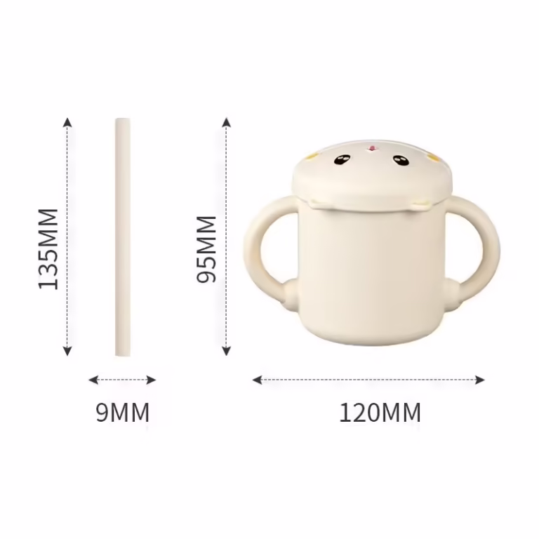 Set 2 Piese Hranire Bebelusi si Copii, Flippy, Cana cu Capac si Pai, din Silicon, fara BPA, de la 12 Luni, Model Pisicuta, 12 x 9.5 x 11 cm, Bej
