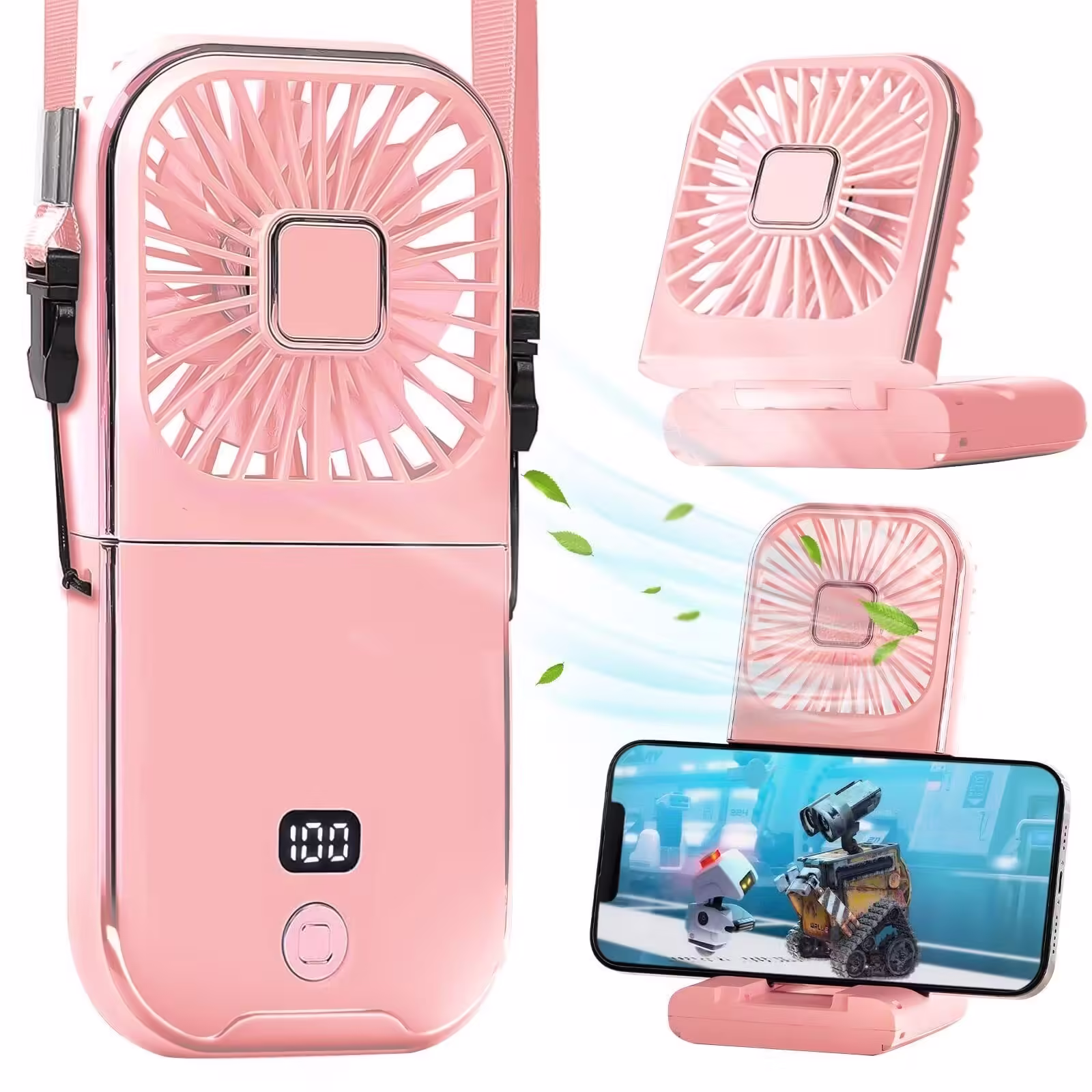 Ventilator Portabil Flippy, 3 in 1, de Mana, de Gat, de Birou, 16.7 x 8 x 1.9 cm, 3 Trepte de Viteza, Incarcare USB, Pliabil, Afisaj Digital, Suport Telefon, Roz