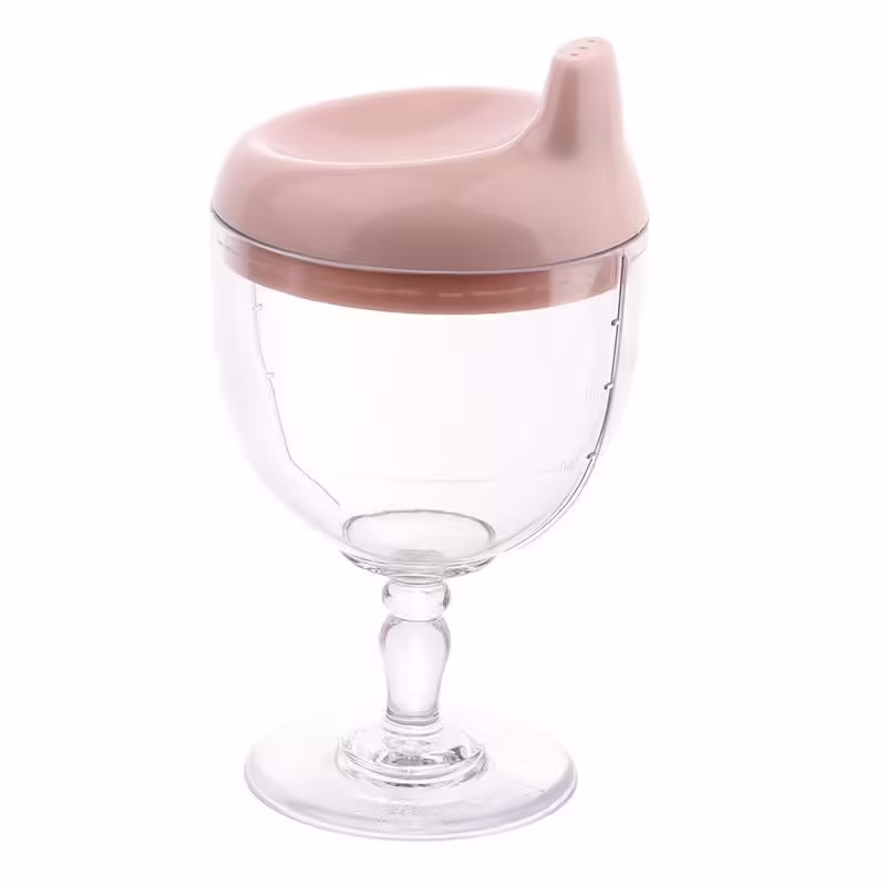 Pahar din Plastic Transparent cu Picior, pentru Copii, 14 x 7.7 cm, cu Cioc Antiscurgere, + 3 Ani, Fara Maner, Roz