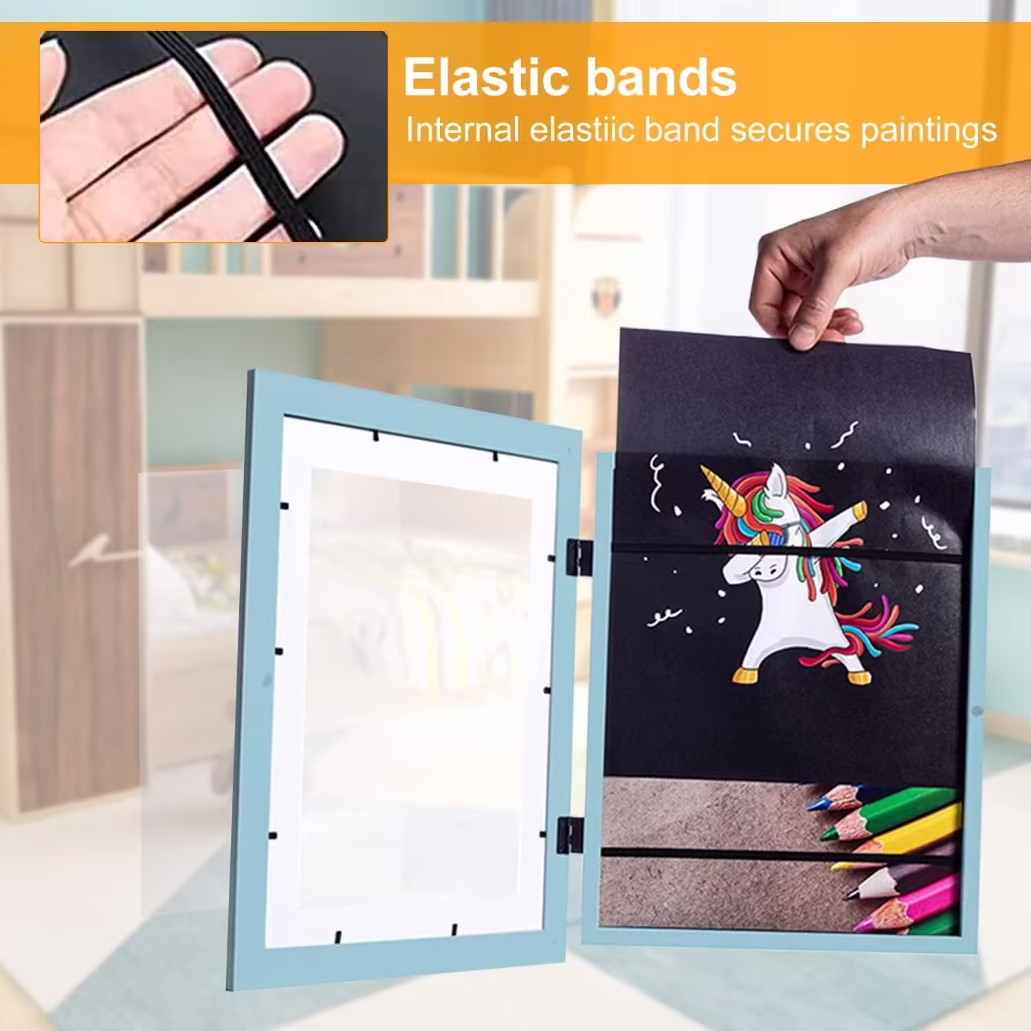 Rama Foto  cu Magnet, din Lemn, cu Spatiu Pentru Depozitare, Pentru Desene si Picturi A4, Sticla Securizata, Rama MDF, 21×30 cm, Albastru