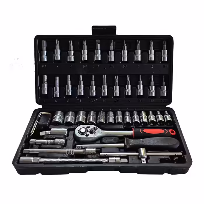 Chei tubulare Set 46 de Piese, Trusa Scule de Reparatii Auto, Prelungitoare Rigid si Flexibil, Articulatie Cardanica, Antrenor de Forta Glisant, Adaptoare, Maner pentru Surubelnita, 23 x 12 x 4 cm, 1.9 kg, Cutie Neagra
