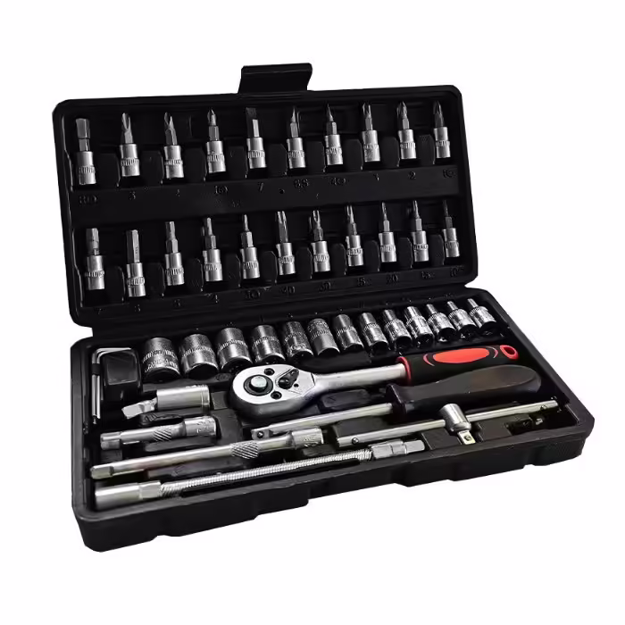 Chei tubulare Set 46 de Piese, Trusa Scule de Reparatii Auto, Prelungitoare Rigid si Flexibil, Articulatie Cardanica, Antrenor de Forta Glisant, Adaptoare, Maner pentru Surubelnita, 23 x 12 x 4 cm, 1.9 kg, Cutie Neagra