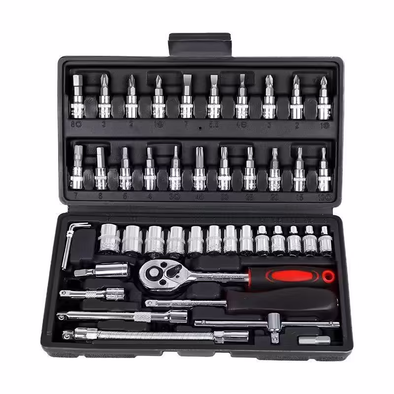 Chei tubulare Set 46 de Piese, Trusa Scule de Reparatii Auto, Prelungitoare Rigid si Flexibil, Articulatie Cardanica, Antrenor de Forta Glisant, Adaptoare, Maner pentru Surubelnita, 23 x 12 x 4 cm, 1.9 kg, Cutie Neagra