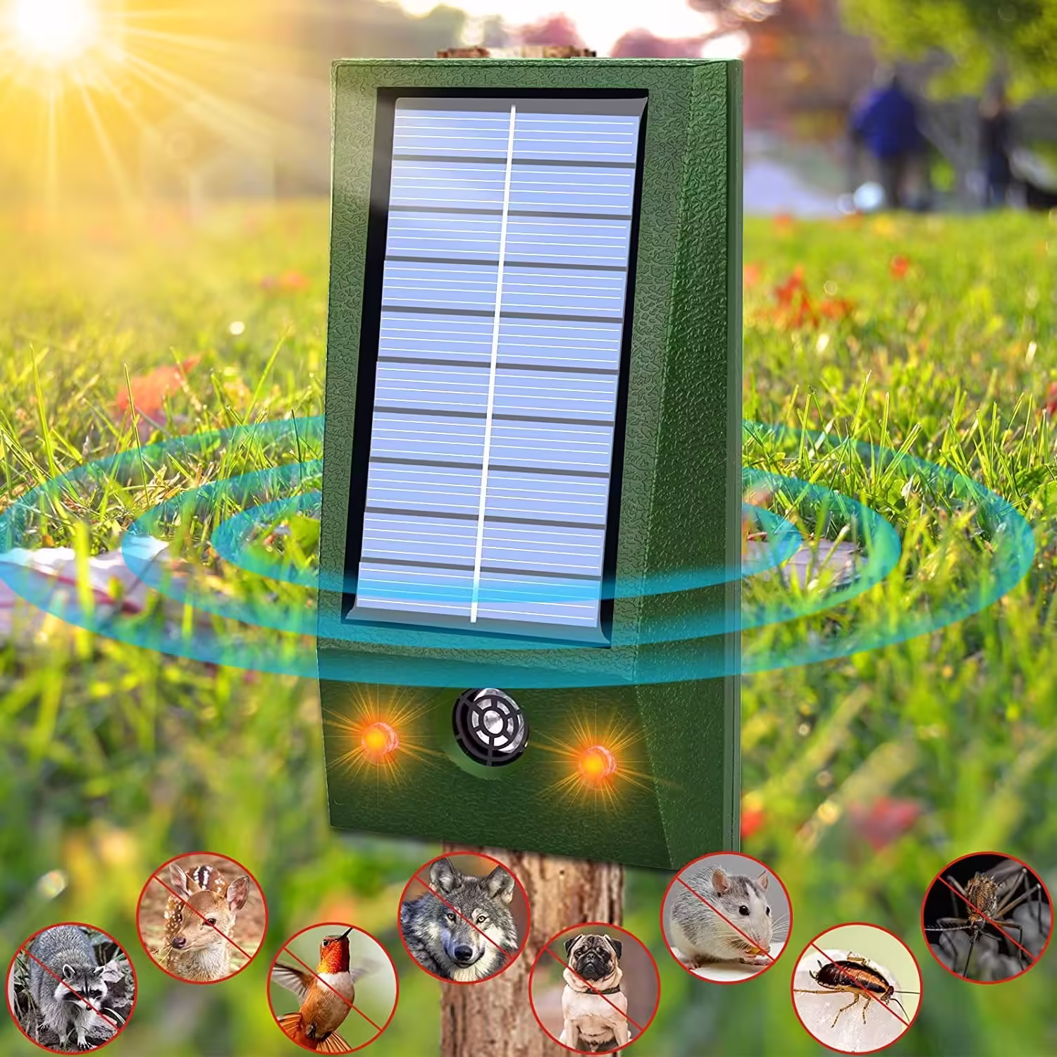 Aparat Solar LED cu Ultrasunete, Repelent pentru Animale Mari si Mici, Lumina Rosie si Alba, Anti Rozatoare, Anti Insecte, Frecventa 9-36.5KHZ, 12 X 6.5 cm, Verde