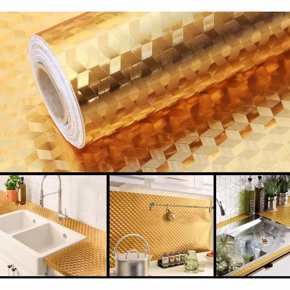 Autocolant de Bucatarie, Autoadeziv, Impermeabil, Rezistent la Temperaturi Ridicate, din PVC, 60 x 100 cm, Model Cub 3D, Auriu