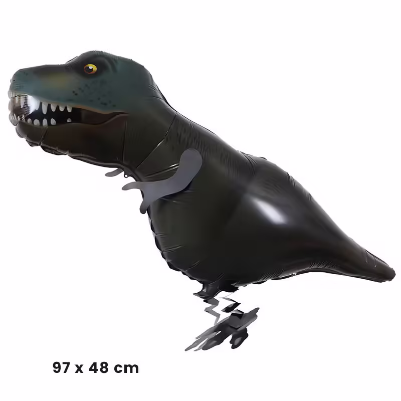 Balon din Folie Metalizata, Figurina Animata, Model Dinozaur, 97×48 cm, Ambalaj Individual, Pai Inclus, Umflare cu Aer sau Heliu, Negru