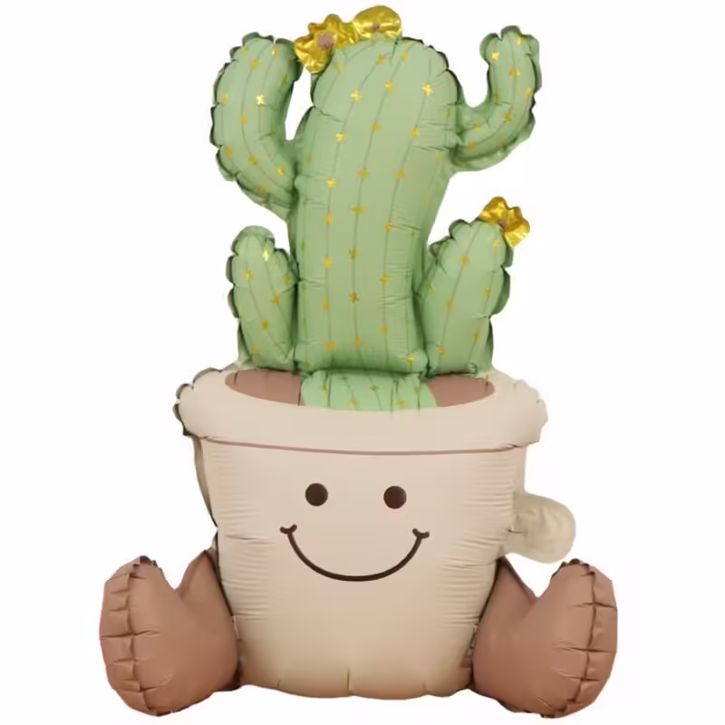 Balon din Folie Metalizata, Figurina Animata, Model Ghivechi Cactus, 57.5 x 56 cm, Ambalaj Individual, Pai Inclus, Umflare cu Aer sau Heliu, Verde