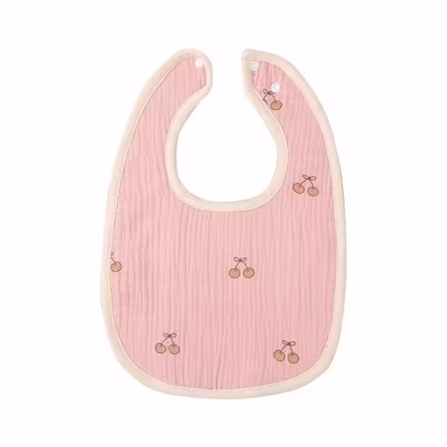 Baveta in Forma de U, din Bumbac, pentru Copii 0-12 Luni, Rezistenta la Apa, cu Capse, Model cu Cirese,  21×30 cm, Roz