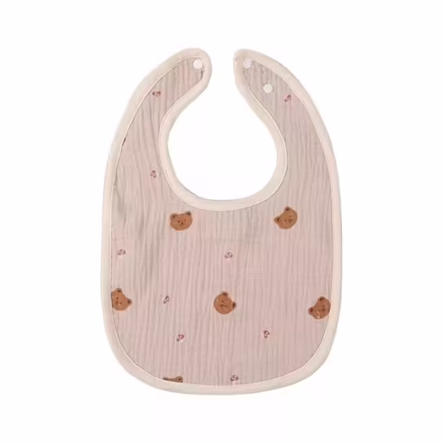 Baveta in Forma de U, din Bumbac, pentru Copii 0-12 Luni, Rezistenta la Apa, cu Capse, Model cu Ursuleti,  21×30 cm, Bej