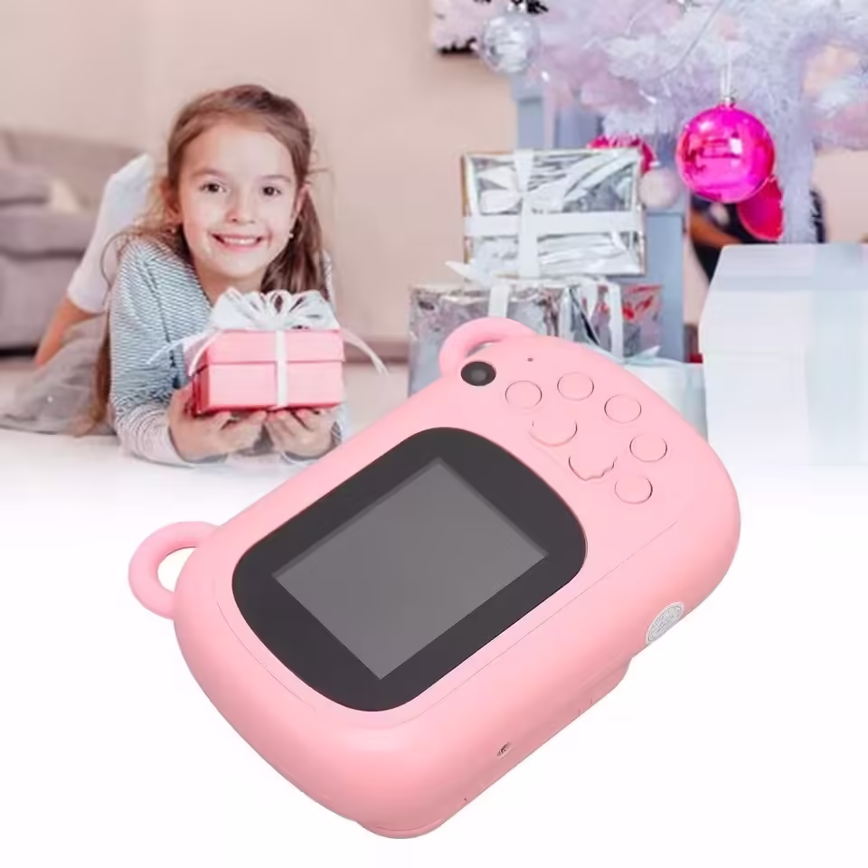 Camera Instantanee pentru Copii, Camera Frontala + Selfie, cu Functie de Printare, Cablu USB-C, Bluetooth, Compatibil iOS/Android, Imprimare APP, Model Iepure Love, Roz