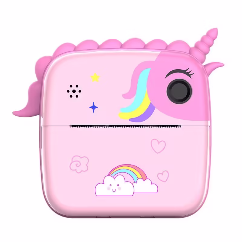Camera Instantanee pentru Copii, Camera Frontala + Selfie, cu Functie de Printare, Cablu USB-C, Bluetooth, Compatibil iOS/Android, Model Unicorn, Snur Inclus, Roz