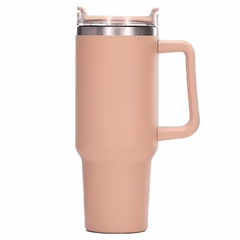 Cana Termos din Plastic, pentru Bauturi Calde si Reci, cu Maner, 9.9×9.9×27 cm, Roz Pal