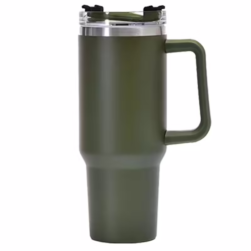 Cana Termos din Plastic, pentru Bauturi Calde si Reci, cu Maner, 9.9×9.9×27 cm, Verde Army