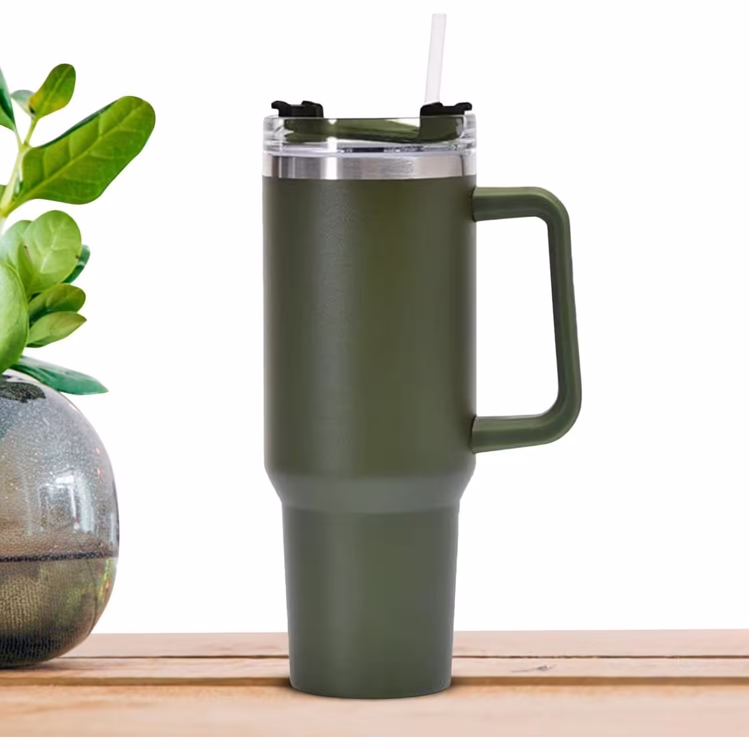 Cana Termos din Plastic, pentru Bauturi Calde si Reci, cu Maner, 9.9×9.9×27 cm, Verde Army