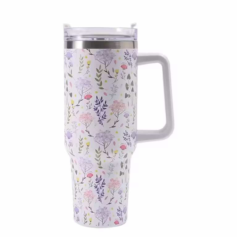 Cana Termos din Plastic, pentru Bauturi Calde si Reci, cu Maner, Imprimeu Floral, Alb, 10×7.6×27.5 cm
