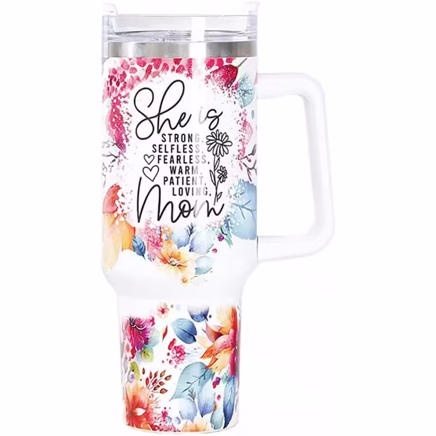 Cana Termos din Plastic, pentru Bauturi Calde si Reci, cu Maner, Imprimeu Floral, cu Mesaj pentru Mama, Alb, 10×7.6×27.5 cm
