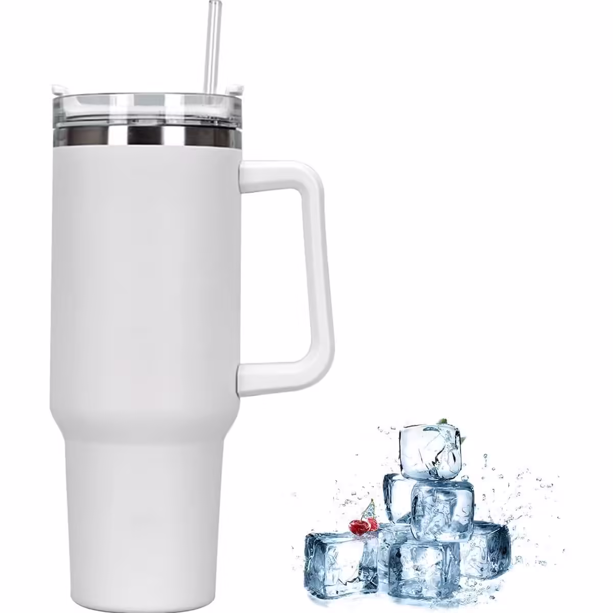 Cana Termos din Plastic, pentru Bauturi Calde si Reci, cu Maner, 9.9×9.9×27 cm, Alb