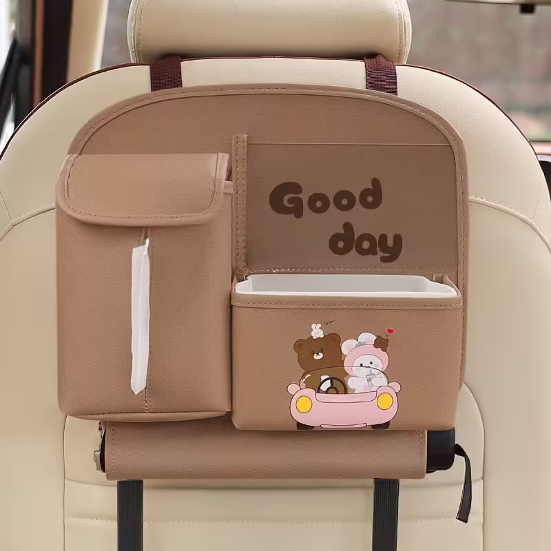 Geanta Multifunctionala de Depozitare, pentru Bancheta din Spate a Masinii, Animat, Model Ursuleti, Scris Good Day, Suport Servetele si Telefon, 25×31 cm, Maro