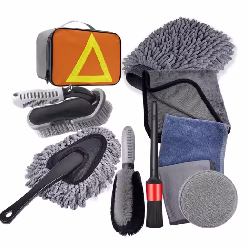 Set 10 Piese pentru Spalat Auto, din Plastic si Microfibra, Perii si Lavete, Model C, Gri