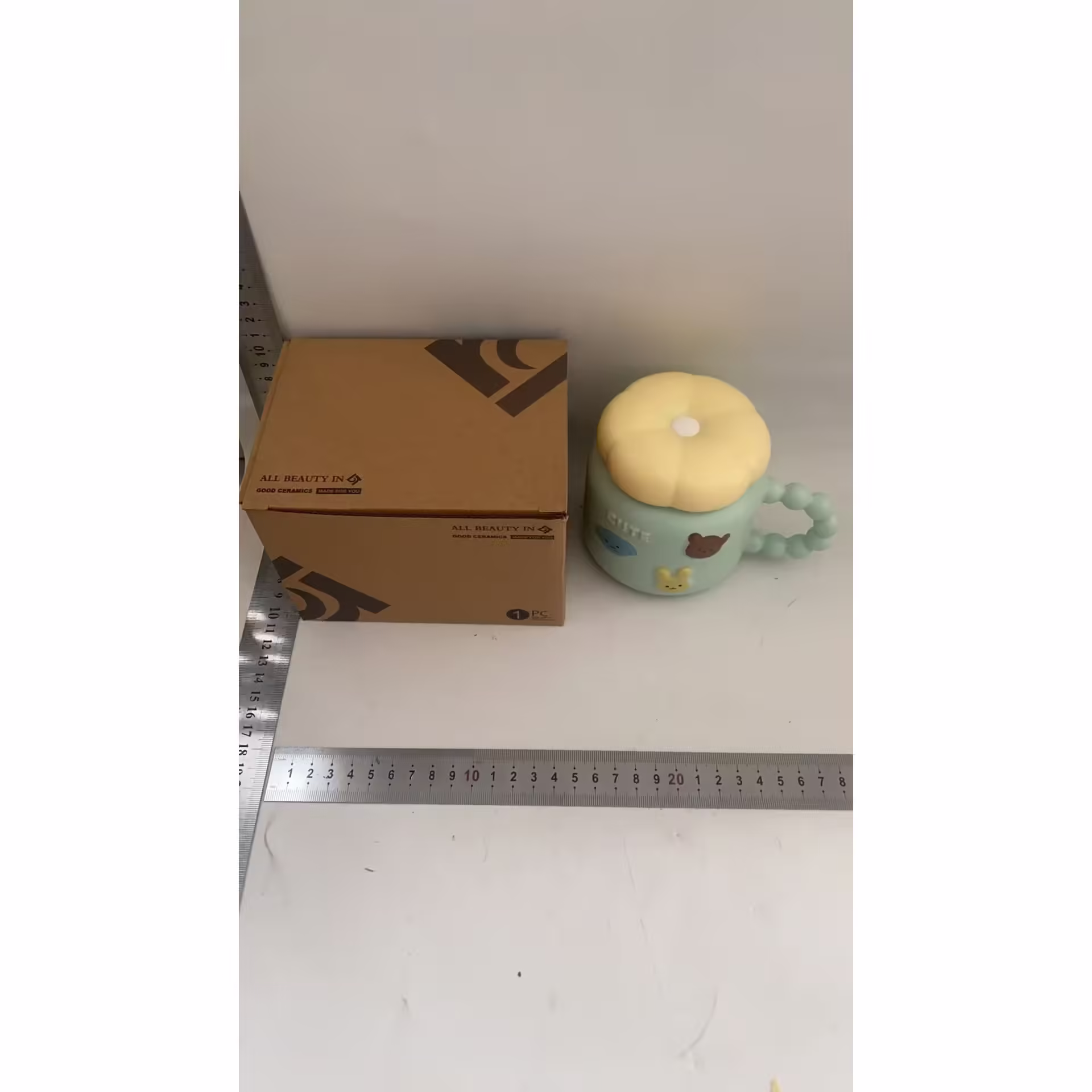 Cana pentru Copii, din Portelan, print Figurine Animalute, Model CUTE, Cana cu Capac, Ceasca pentru Cafea, Ceai, 400ml Albastru deschis