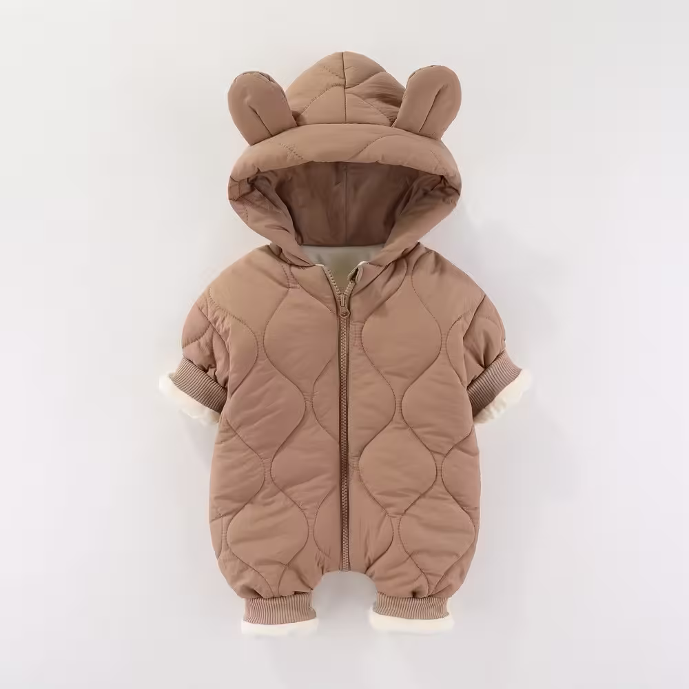 Combinezon de Iarna, pentru Bebelusi, din Bumbac, cu Urechi, Mansete Elastice, Unisex, 73 cm, Maro