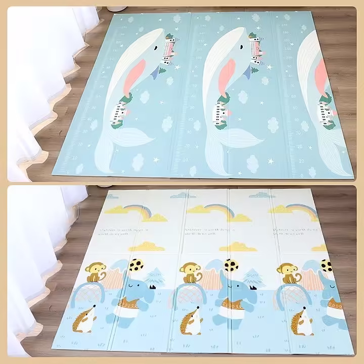 Covoras pentru Copii, cu 2 Fete, Model Balene/Iepurasi, din XPE+PE, Impermeabil, Antiderapant, Protectie Termica, +3 Luni, Pliabil, 180 x 200 x 1.5 cm, Multicolor
