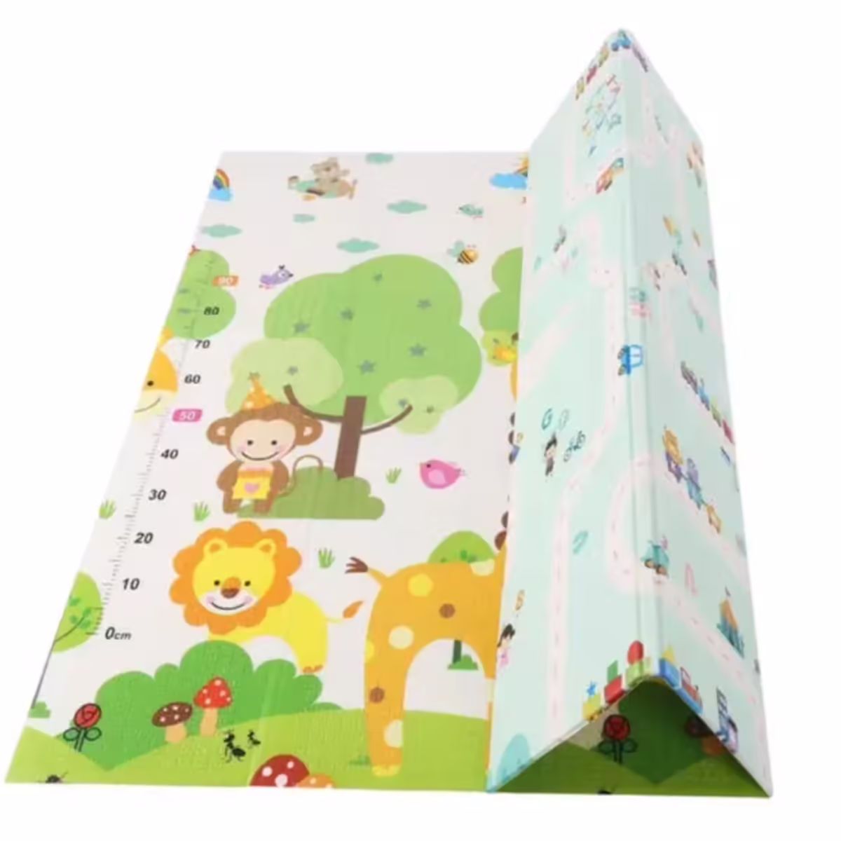 Covoras pentru Copii, cu 2 Fete, Model Oras/Safari, din XPE+PE, Impermeabil, Antiderapant, Protectie Termica, +3 Luni, Pliabil, 180 x 200 x 1 cm, Multicolor