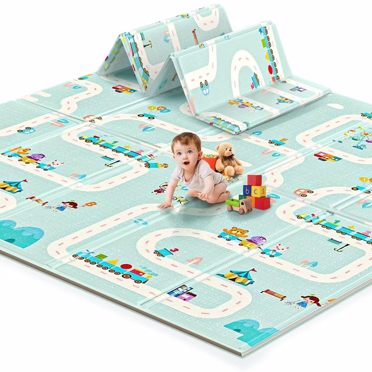 Covoras pentru Copii, cu 2 Fete, Model Oras/Safari, din XPE+PE, Impermeabil, Antiderapant, Protectie Termica, +3 Luni, Pliabil, 180 x 200 x 1 cm, Multicolor