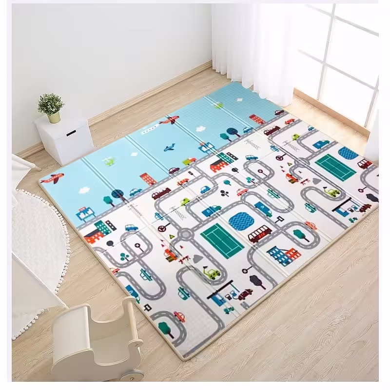 Covoras pentru Copii, cu 2 Fete, Model Trafic/Girafe, din XPE+PE, Impermeabil, Antiderapant, Protectie Termica, +3 Luni, Pliabil, 180 x 200 x 1 cm, Multicolor