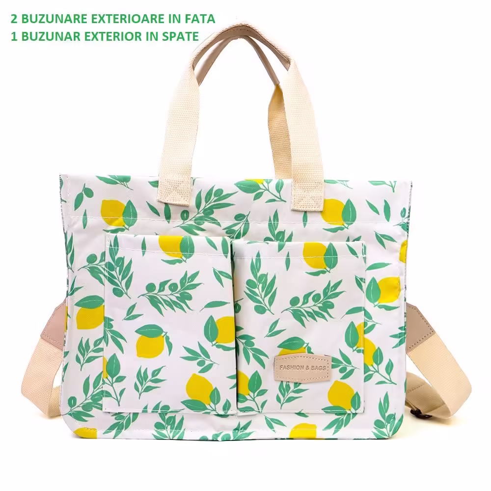 Geanta de Mana/Umar, Multifunctionala, Inchidere cu Capsa, Imprimeu Lamai, Material Textil, 33.5 x 25 x 14.5 cm, Alb/Galben