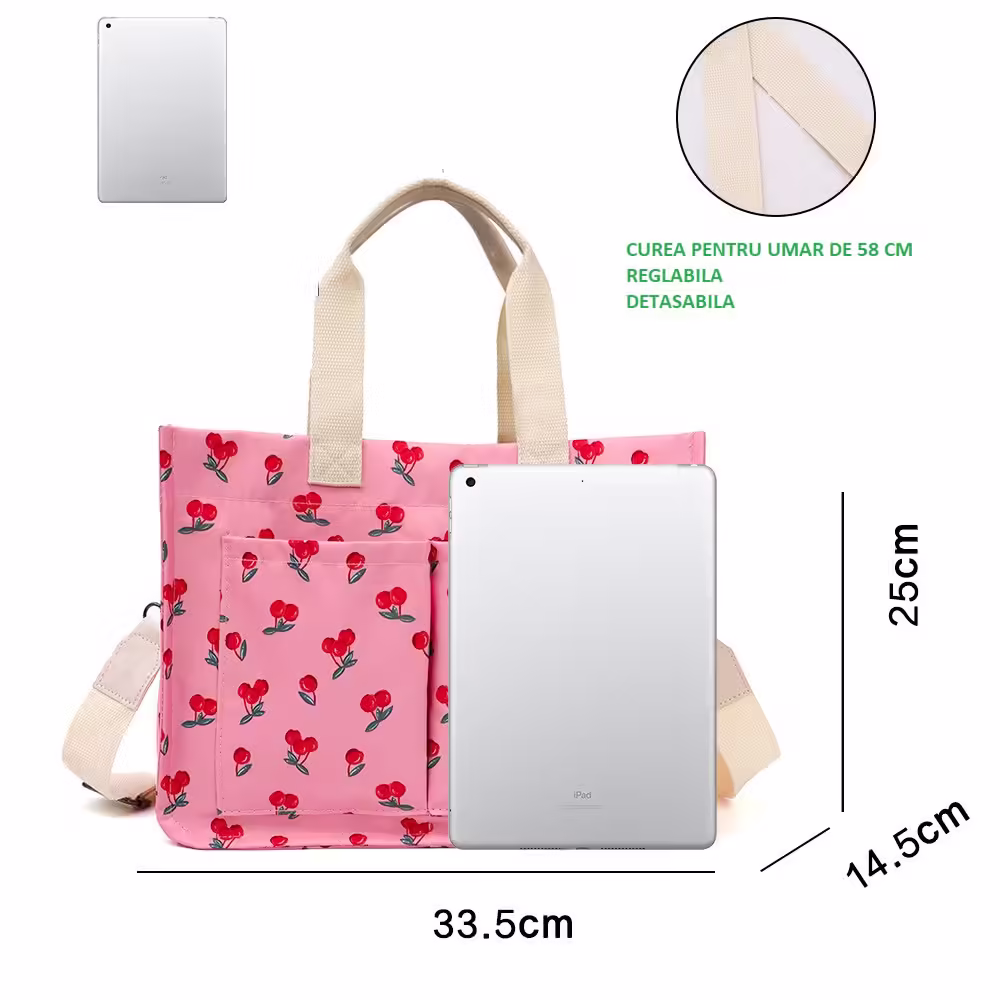 Geanta de Mana/Umar, Multifunctionala, Inchidere cu Capsa, Imprimeu Cirese, Material Textil, 33.5 x 25 x 14.5 cm, Roz