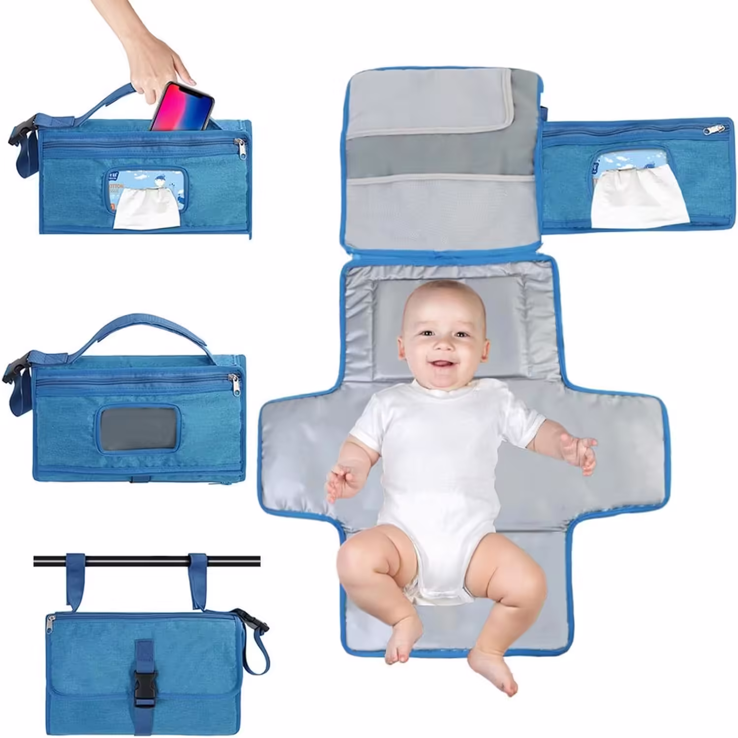 Geanta Multifunctionala, Tip Aleza de Schimbat Scutece, Impermeabila, din Panza Oxford, cu Buzunare, Usor de Agatat, 30 x 20 cm, Albastru