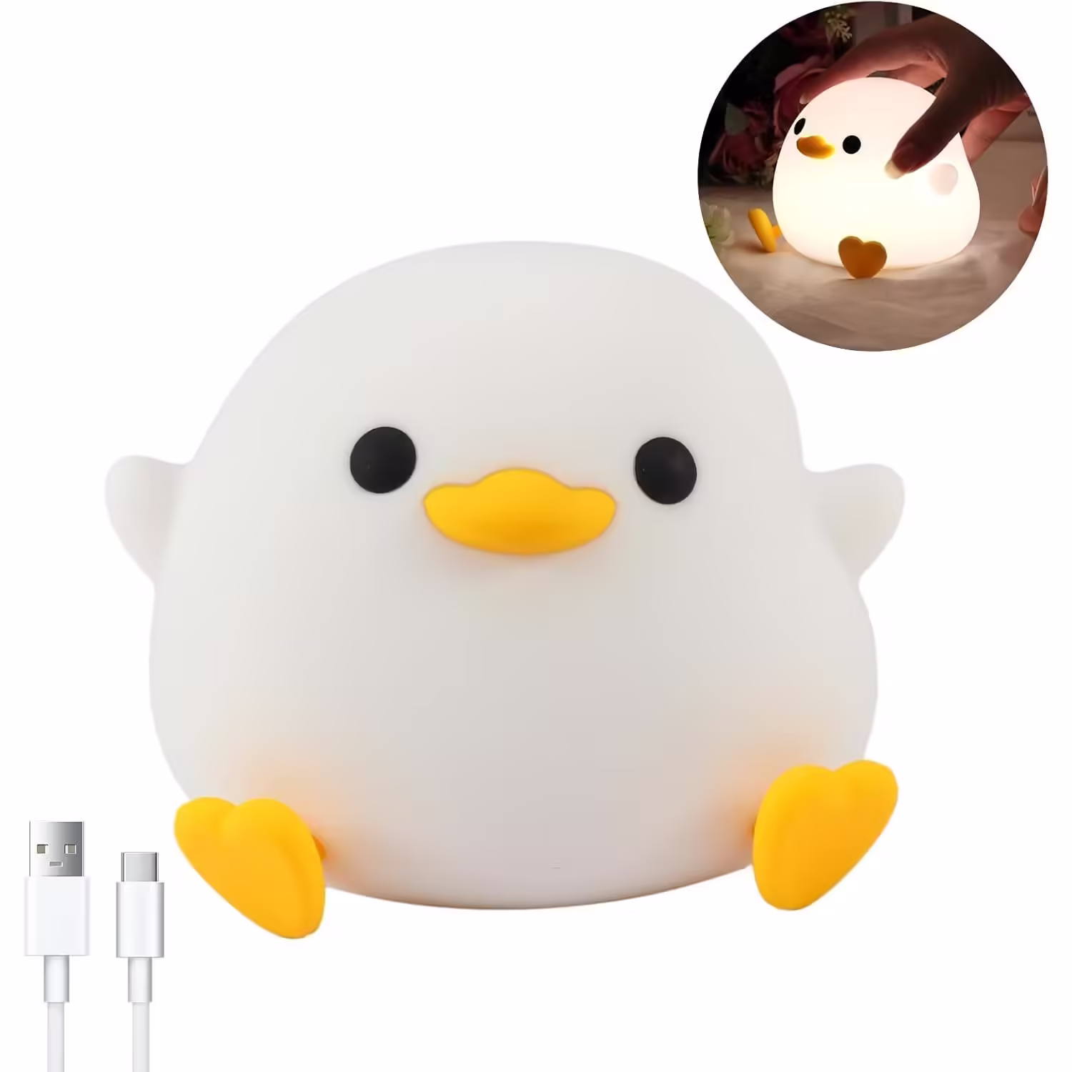 Lampa de Veghe pentru Copii, din Silicon, Senzor Tactil, Model Ratusca, Lumina Calda, Timer Automat, Protectie pentru Ochi, Incarcare USB Putere 0.5W, Capacitate Baterie Incorporata 800mAh, 12.2×10.5×9.2 cm, Alb