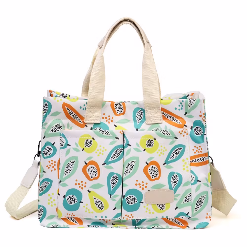 Geanta de Mana/Umar, Multifunctionala, Inchidere cu Capsa, Imprimeu Fructe, Material Textil, 33.5 x 25 x 14.5 cm, Multicolor