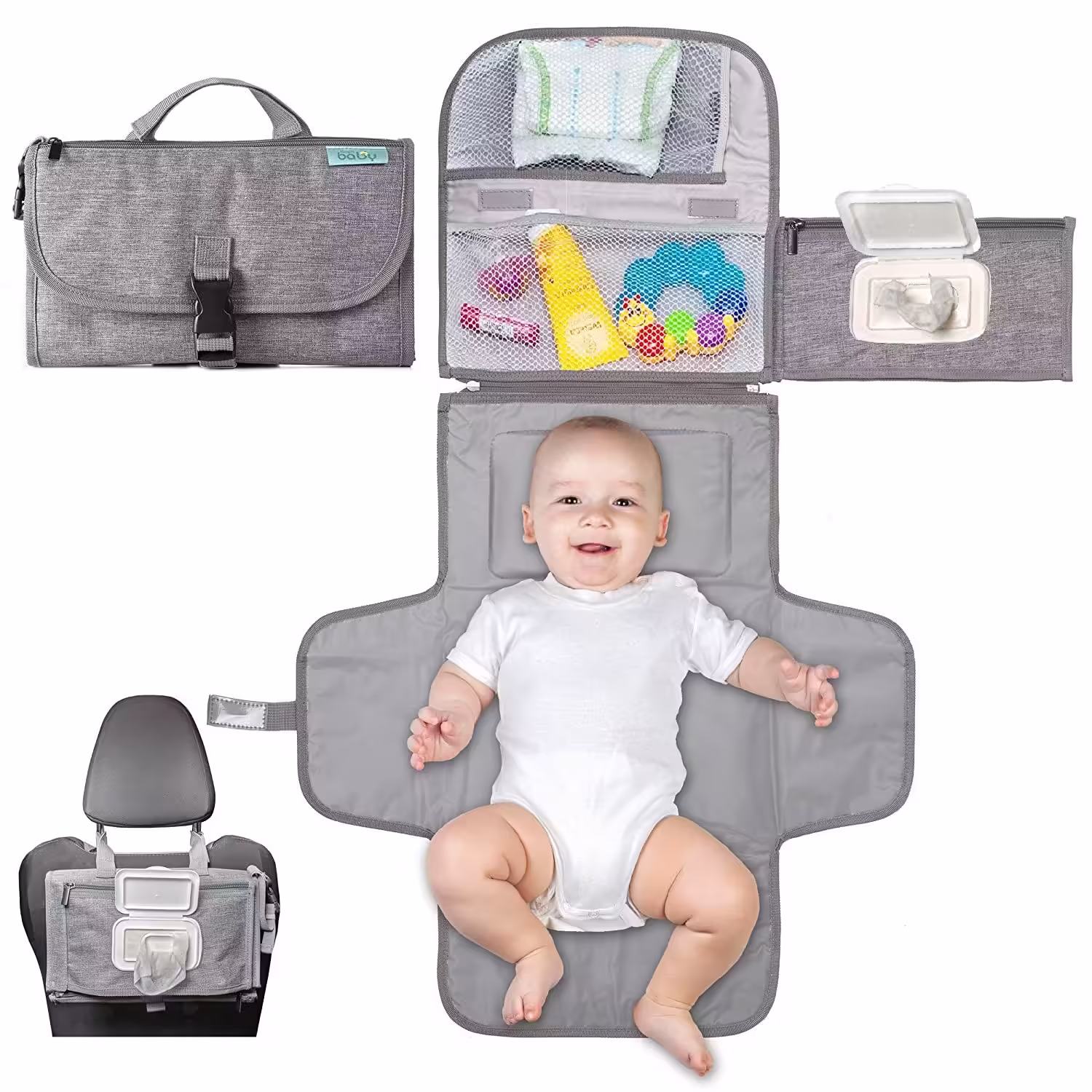 Geanta Multifunctionala, Tip Aleza de Schimbat Scutece, Impermeabila, din Panza Oxford, cu Buzunare, Usor de Agatat, 30 x 20 cm, Gri
