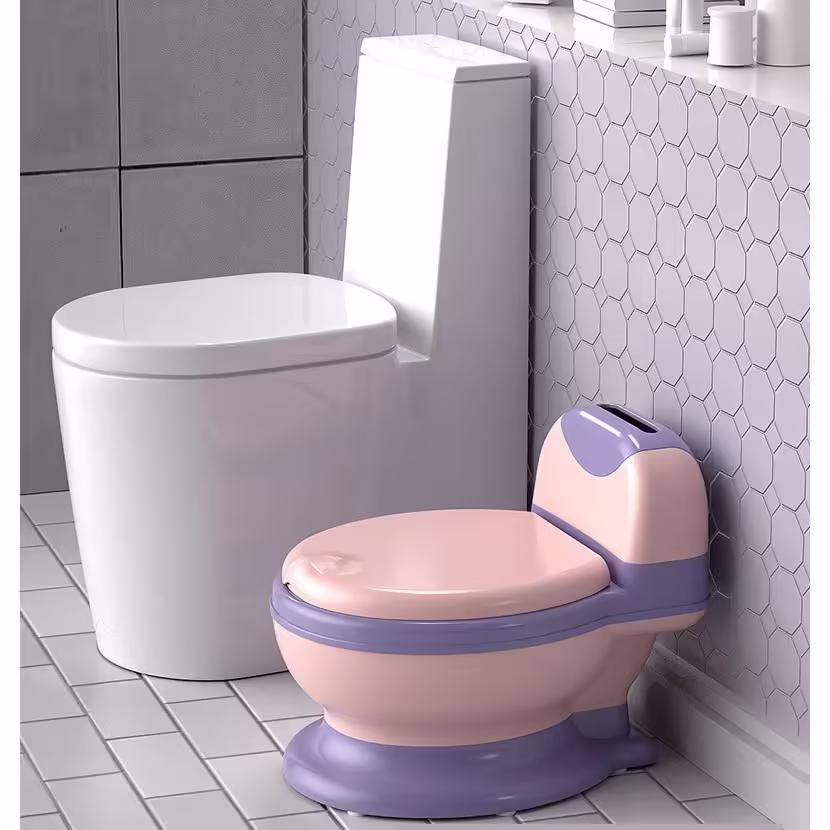 Olita Bebelusi, pentru Copii 1 – 8 Ani, Model Toaleta Adulti, Colac Moale PVC, Compartiment Detasabil, Cutie Depozitare Hartie, 34 x 32 x 19 cm, Roz/Mov