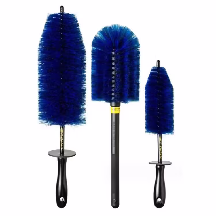 Set 3 Piese pentru Cosmetica Auto, din Plastic si Otel, Maner Ergonomic, Perie Butuc, Anvelope, Detalii, Albastru