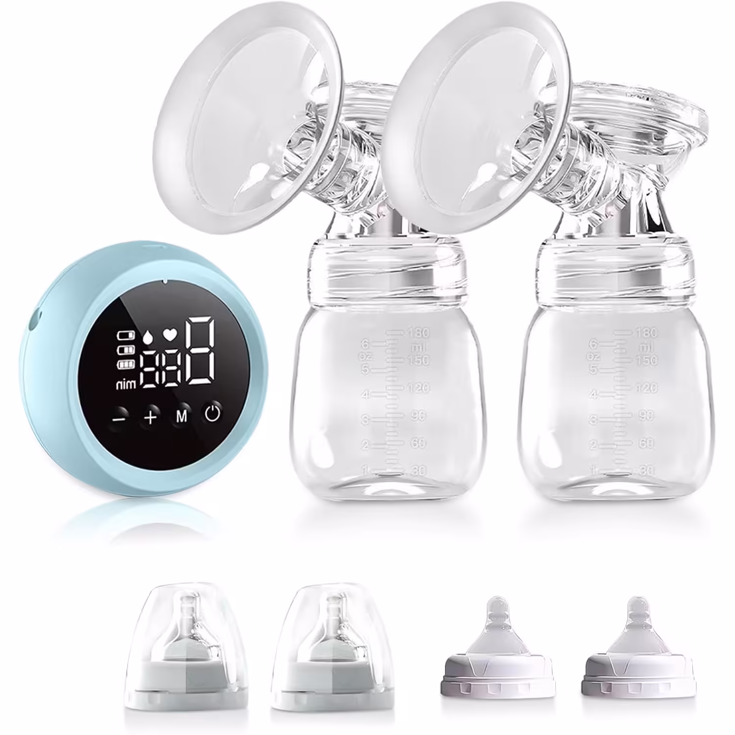 Pompa de San Electrica 2 in 1, cu 2 Biberoane, Capacitate 180 ml, Incarcare USB Tip C, 1200 mAh, 2 Moduri, 9 Viteze, Albastru Transparent