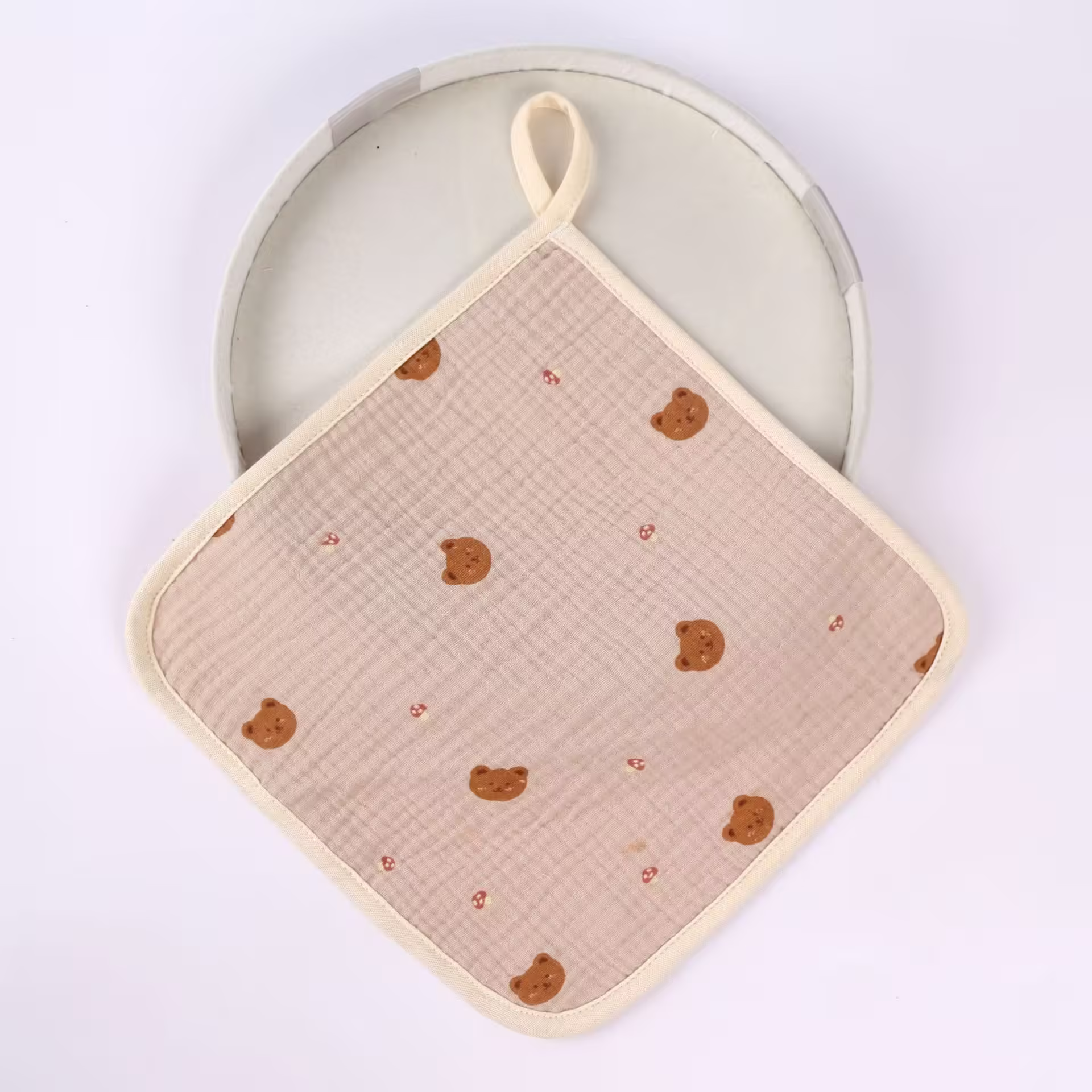 Prosop Absorbant, din Bumbac, 25 x 25 cm, Model Ursuleti, cu Agatatoare, Crem