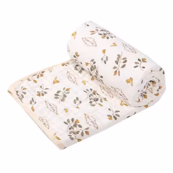 Prosop de baie din bumbac si tifon pentru Bebelusi, cu Sase Straturi, pentru Copii, 110×110 cm, Model Frunze, Bej Galben