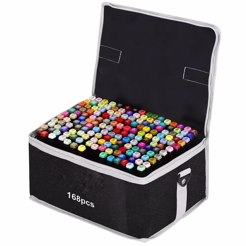 Set 168 Markere Duble, pe Baza de Alcool, Geanta Impermeabila Inclusa, Culori Numerotate, 23 x 16 x 20 cm, Multicolor