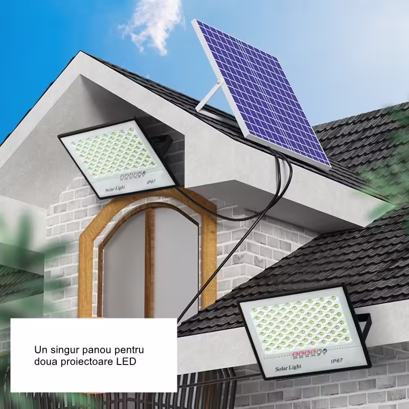 Set 2 proiectoare LED cu Panou Solar  Senzor de miscare, Telecomanda, Waterproof, 322*2  LED-uri incorporate, 200W, 30*24 cm, IP67, Design Modern, Negru